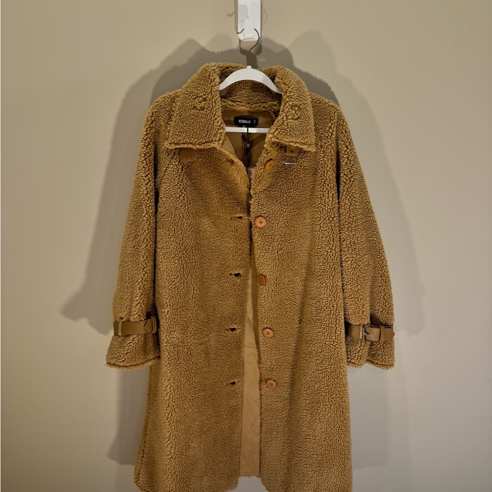 NWT Missguided Cozy Tan Teddy Coat with Leather Cuff Trim